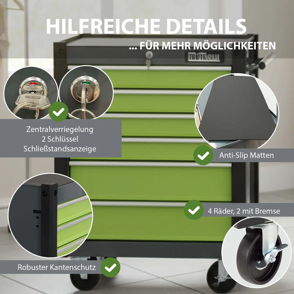 Werkzeugwagen Rollcontainer Werkstattwagen 78 x 64 cm 6 Schubladen Garage grün - Bild 4 von 4