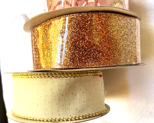 Christmas Rose Gold Wired Ribbon Bundle 3 yards of each 9 total yard 1.5" Winter - Picture 5 of 6