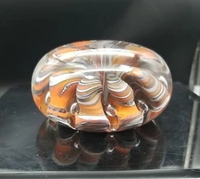 St Clair Crimp Ribbon Art Glass Paperweight Orange Gray White Bubbles Vtg 3.5in