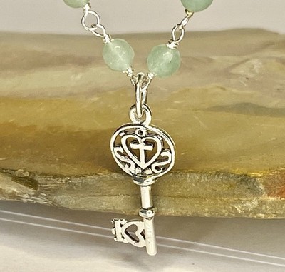 Sterling Silver Key Heart Cross Pendant w/ Green Jade Bead Accents 18'' Necklace
