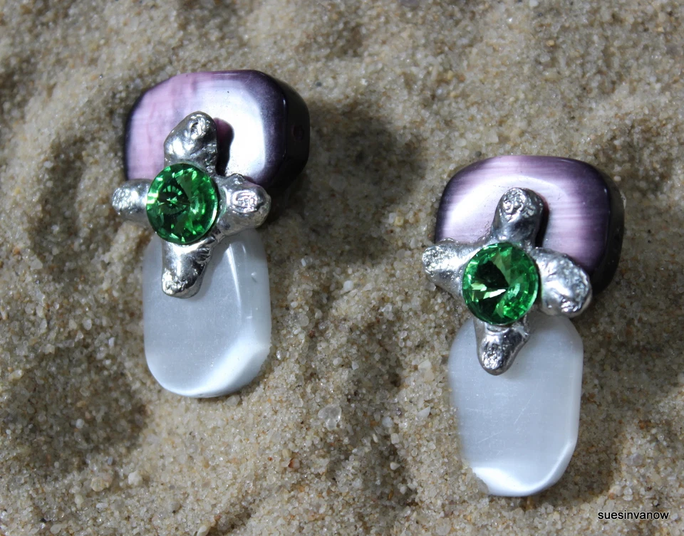 Designer Earrings Amethyst Green Swavorski Crystal Silver artist J Jansen Unique - Image 2 of 4