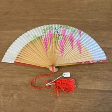 Vintage Wooden Hand Fans Fold Up 1930-1940s Japan Brown Floral Bird - RARE