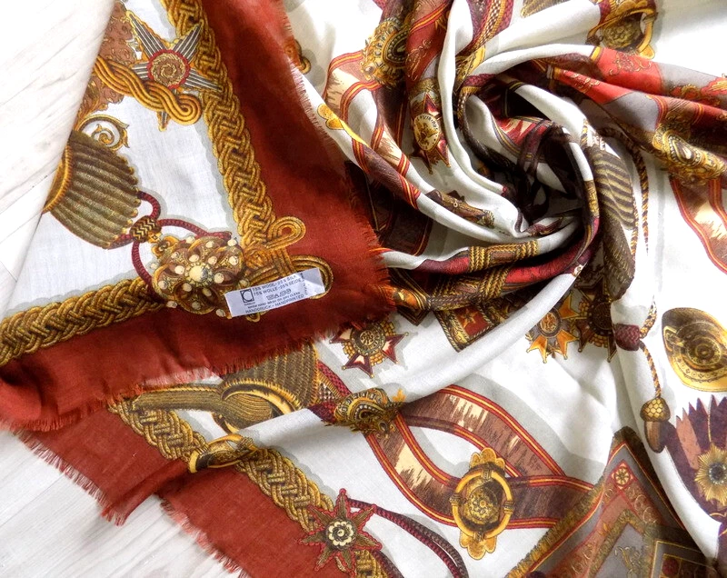 CODELLO Vintage Hermoso Mantón Grande/Bufanda Lana/Seda Impreso a Mano Italia Foto 3 de 4