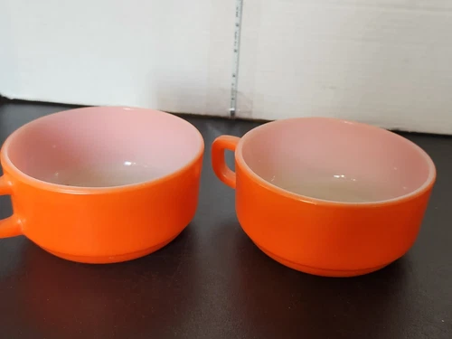 2 Vintage Anchor Hocking Fire King Stackable Soup Mugs Cups Bowls Mid Century