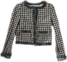 Kookai Tweed Denim Jacket Pink Yellow Blue French Sz 38/ Us Sz Medium