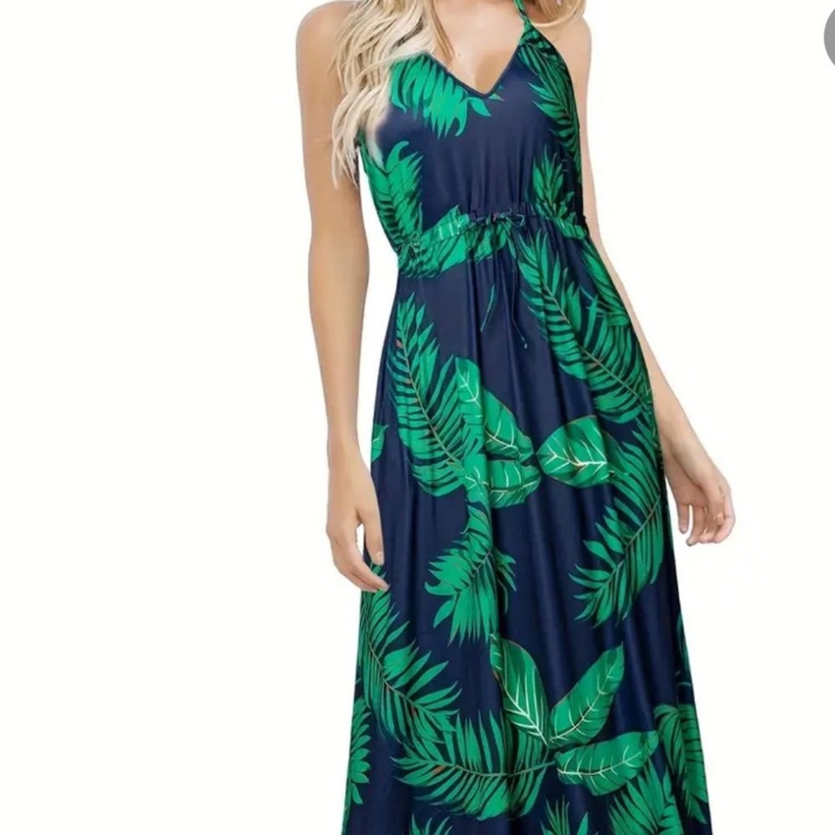 Women's Black & Green Tropical Leaf Print Boho Maxi Beach Summer Dress Sz-M  | eBay