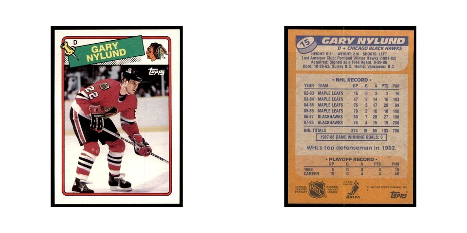 Gary Nylund 1988 Topps #15 Chicago Blackhawks Hockey Card NM - Image 3 of 3