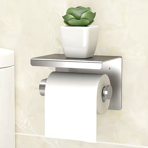 Bathroom Toilet Paper Roll Holder Wall-Mounted With Mobile Phone Storage Shelf - Picture 10 of 12