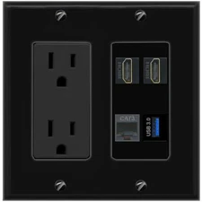 2 HD PHONE USB-3 Port Wall Plate Black w Power Outlet