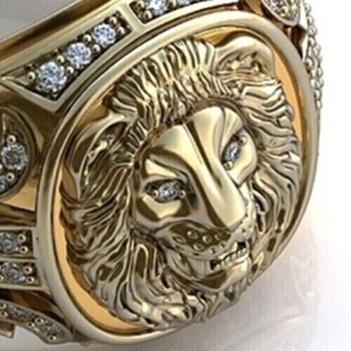 3.00 Ct Round Lab Created White Diamond Men's Lion Ring 14k Yellow Gold Plated - Picture 3 of 4