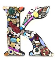 Handcrafted Decorated Letter K, Black, Recycled Materials, 9 inches, Great Gift