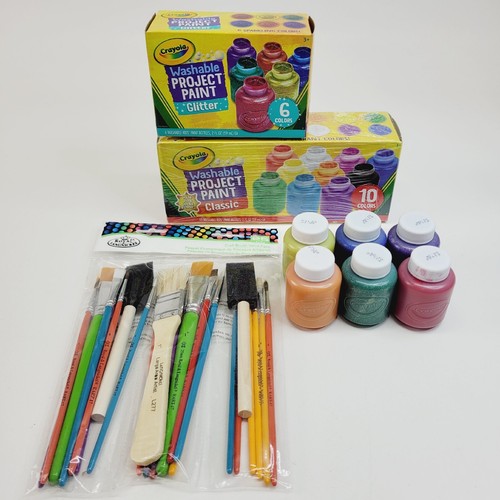 Crayola Washable Paint 6 Glitter 10 Classic W/ 25 Royal Langnickel Brushes READ⬇