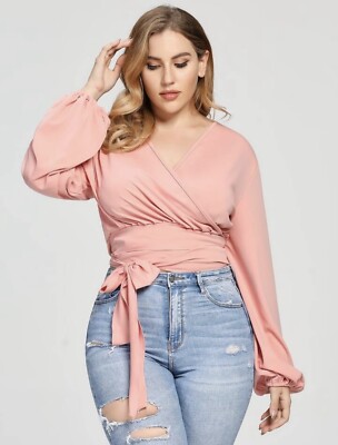 7th Avenue (M) Design Studio NY&Co Sz M Pink Crop Peasant Sleeves Wrap Flowy EUC