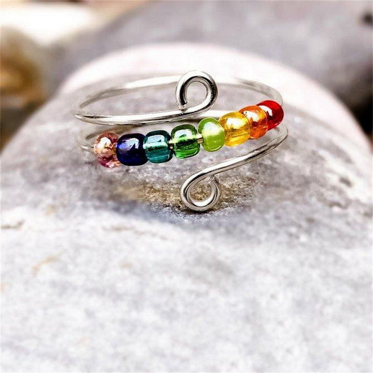 Women Bead Spinner Ring Anti Stress Fidget Rings Lady Rainbow