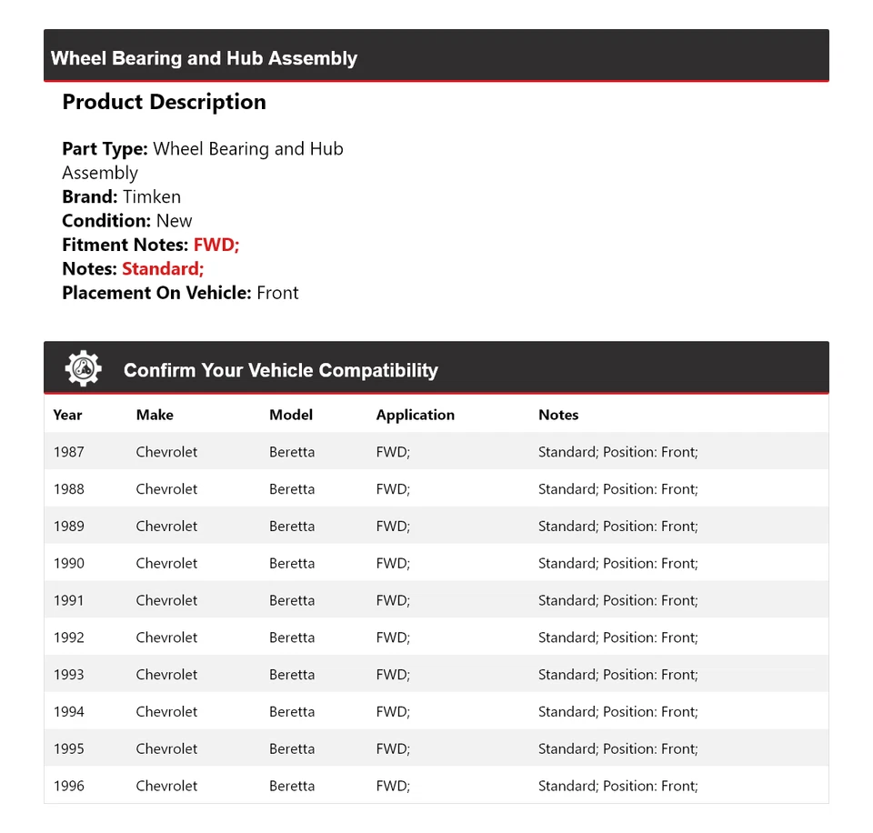 适用于 1987 - 1996 雪佛兰 Beretta FWD 轮轴承和轮毂组件前铁姆肯公司 — 第 2/4 张图片