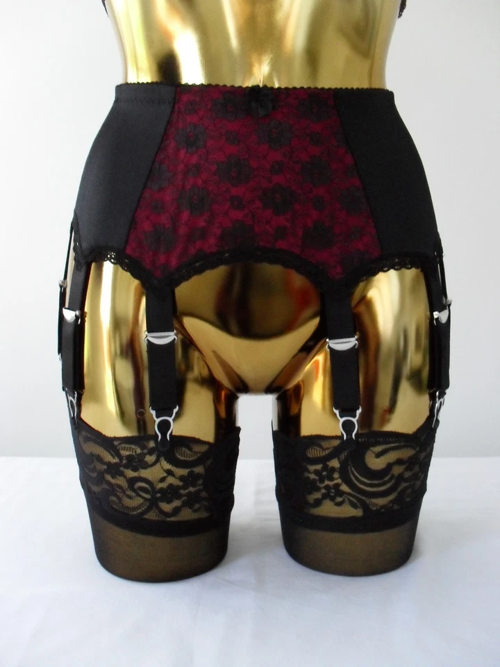 Large or XL 14 Strap Burgundy Lycra Lace Designer Retro Burlesque Suspender Belt - Imagem 2 de 4