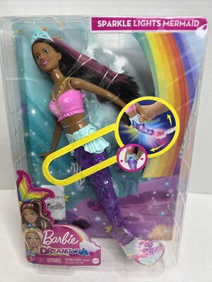 NEW Barbie Dreamtopia Sparkle Lights Mermaid Doll African