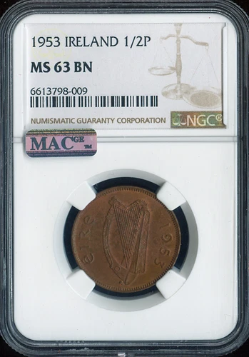 1953 Ireland Half Penny 1/2p NGC MS63 BN Quality