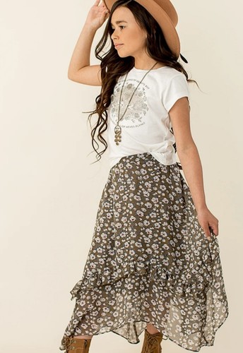Joyfolie Girl's Justine Midi Skirt in Olive Floral Size 10 NWT - Picture 5 of 9
