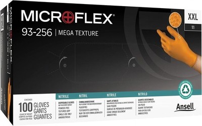 Ansell Microflex Mega Texture Nitrile Disposable Gloves, Orange, XXL, Box of 100