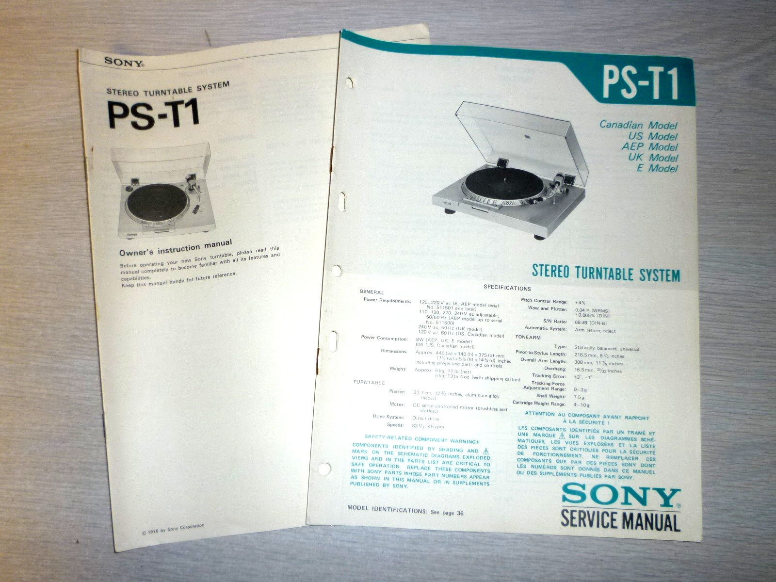 ORIGINAL Sony PS-T1 Service Manual w/schematics & Instruction Manual -NOT A COPY