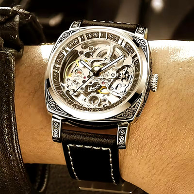 Mens Golden-Tone Automatic Mechanical Watch Carved Hollow Skeleton Dial Luxury