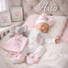 Newborn baby Girl sleepsuit Hat Headband Personalised Comforter Pink Elephant X