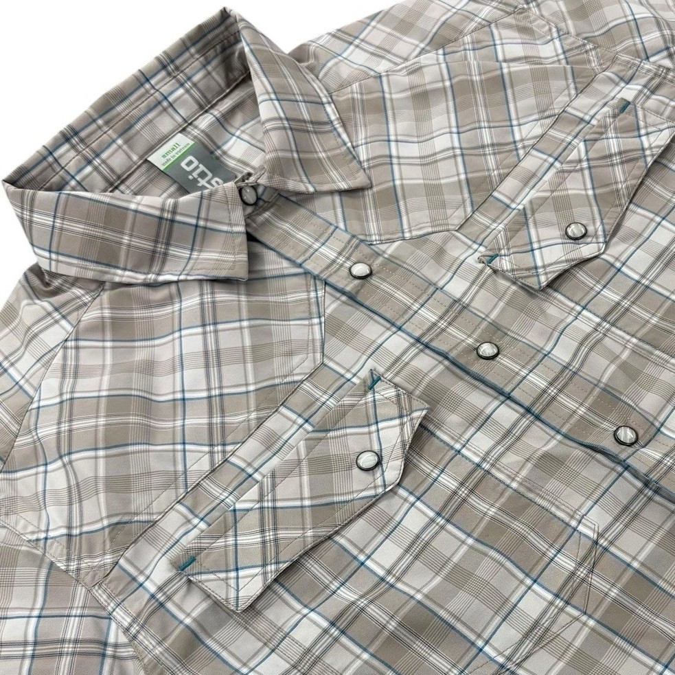 Stio Mens Eddy Short Sleeve Pearl Snap Shirt Beige Plaid Size Small