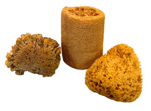 3 natural sponges - 2 are natural sea sponges & 1 a large loofa sponge - unused