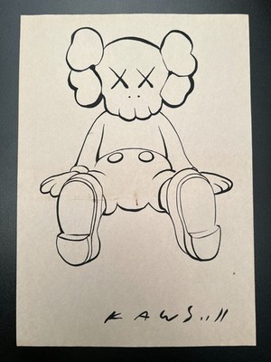 KAWS (Handmade) Zeichnung auf altem Papier signiert Mischtechnik, Vintage Kunst