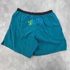 Vintage Speedo Mens XL Swim Trunks Teal Blue Rainbow Logo Nylon Board Shorts 90s