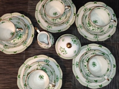 Lindner Porzellan, Marie-Luise, alte Ranke grün, 5 Gedecke, Milchk. u Zuckertopf