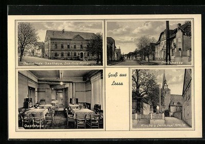 AK Lossa, Gemeinde-Gasthaus, Dorfstrasse, Kirche und Denkmal 1914 /18 