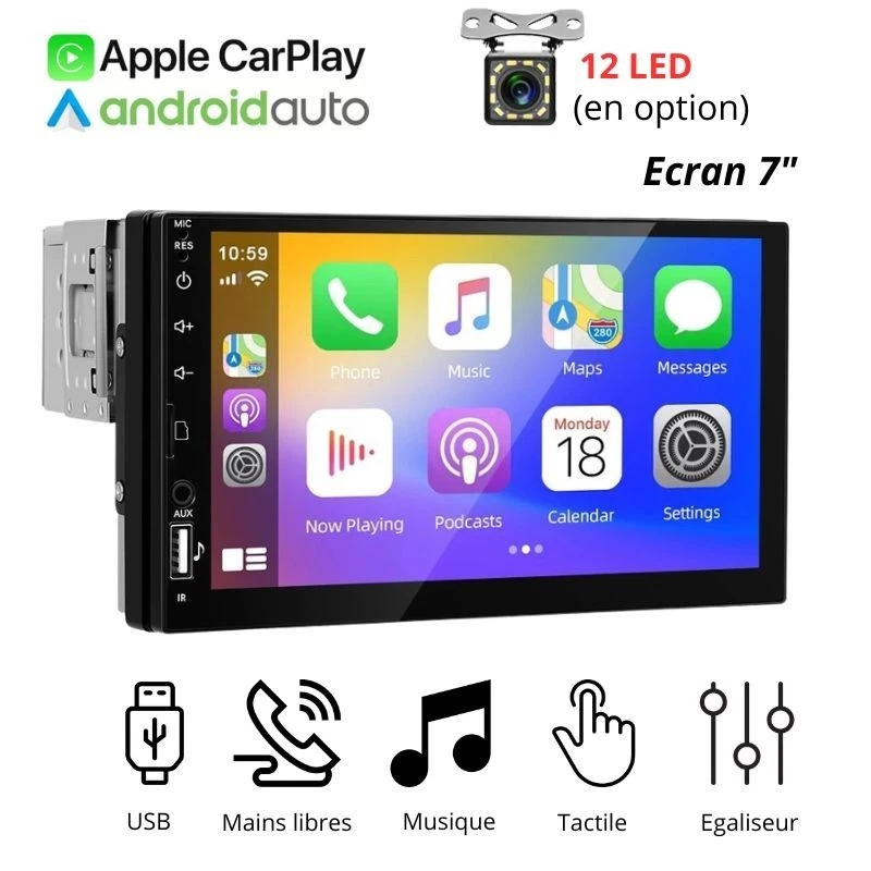 Autoradio 1 DIN 7” HD – Apple CarPlay & Android Auto – Bluetooth – Écran tactile - Photo 1/4