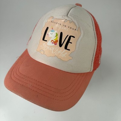 Unicorn Lucky 7 Trucker Hat Girls Adjustable Believe Dreams Love Coral Cream