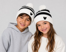 Disney Mickey Mouse Kids Youth Knit Beanie Hat Black White Pom Pom Stretch OSFM