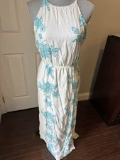 Love Ady Women’s Embroidered Cotton Halter Maxi Dress White Blue Size Medium NWT