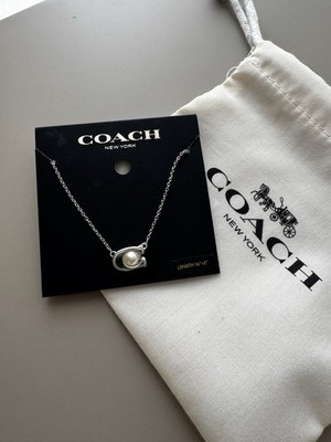 Coach Silver Tone Pearl Charm Pendant Necklace, Adjustable 16-22in Cable Chain