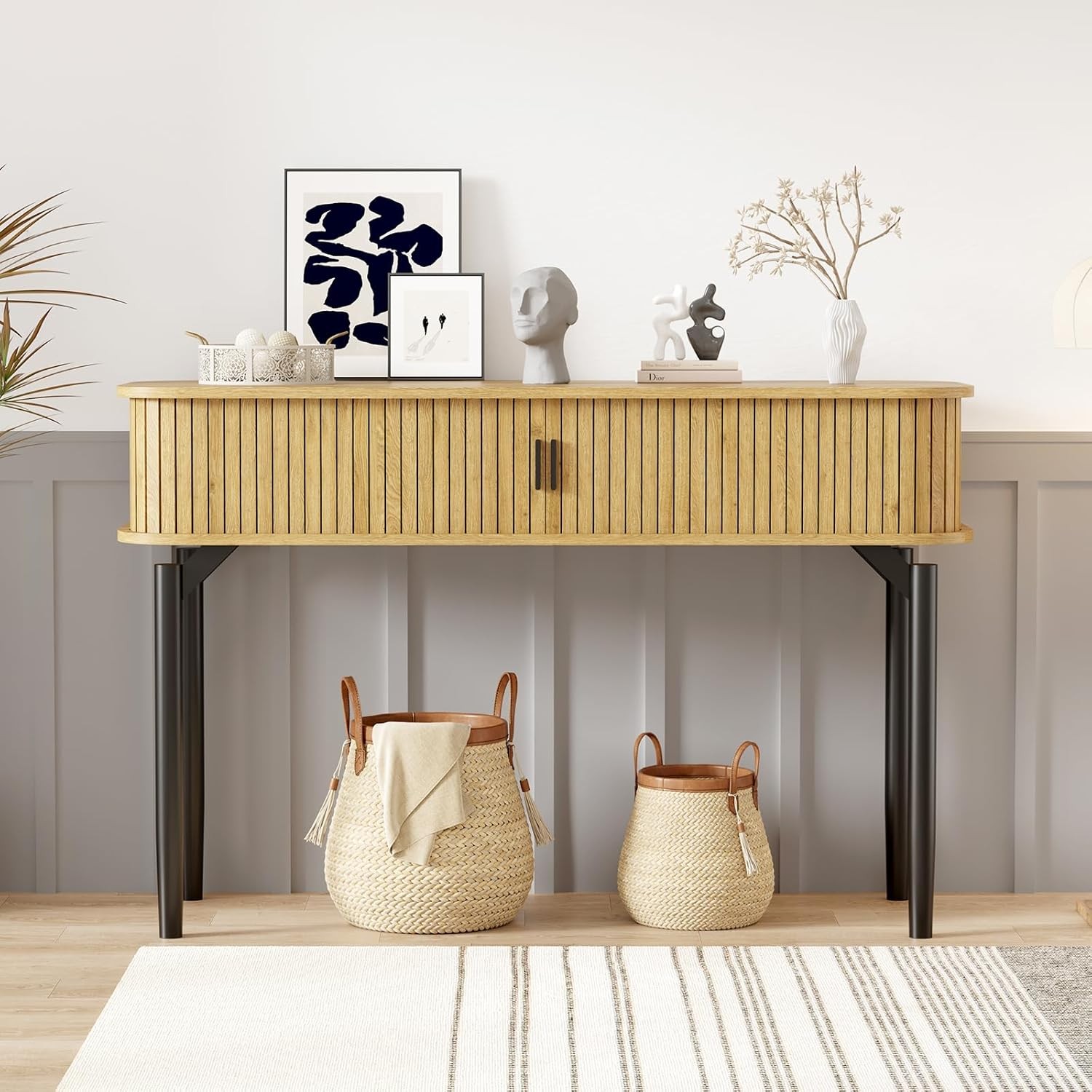 Modern Walnut Fluted Console Table, Sliding Door Storage for Living Room Decor
