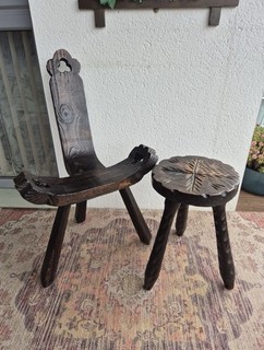 Vintage Mid Century Spanish Brutalist Wooden Birthing Chair & Stool Set. VGC