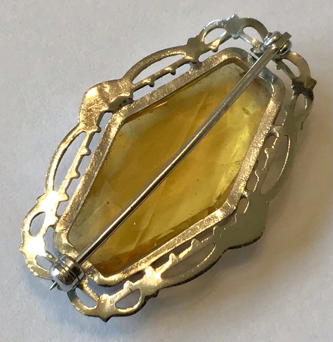 VINTAGE ART DECO/NOUVEAU CITRINE RHINESTONE FILIGREE BROOCH L10 View 2