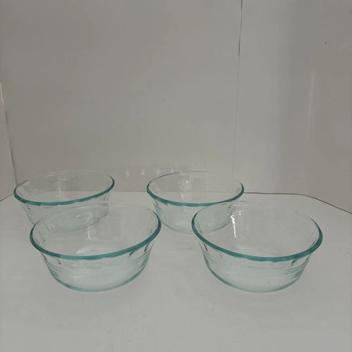 Set Of 4 Pyrex #464 10 oz Blue Tinted Ramekins Custard Cups Prep Bowls