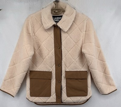 Lands End Quilted Sherpa Fleece Jacket Shacket Womens Sz MEDIUM Water Resistant