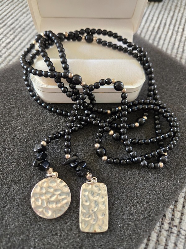 Black Onyx Lariat Necklace -Sterling Silver Bars Beads w Beaded Black Stone 925