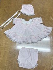 VTG Alexis Baby Girl 3 Pc Dress Bloomers Bonnet NB Pink Rosebuds Lace Heirloom