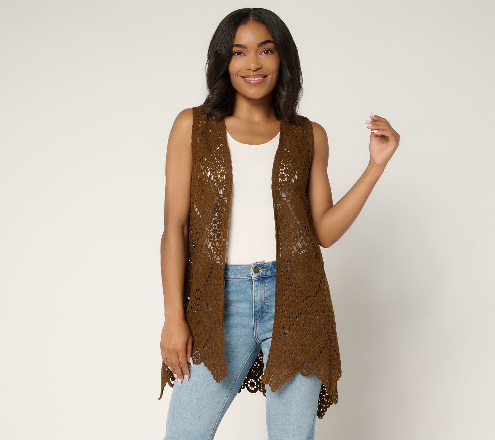 Susan Graver Women's Top Sweater Sz XS Passport Crochet Vest Brown A650685