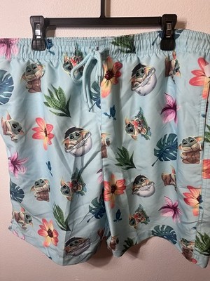 Star Wars Men s Light Blue Baby Yoda & Tropical Print Board Shorts Size Medium