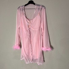 Pink Sheer Babydoll Nightgown and Robe Set Floral feather Accents Lingerie