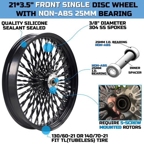 21x3.5''Twisted Spokes Front Wheel Single Disc for2008-UP Softail Models Non-ABS - Picture 4 of 9