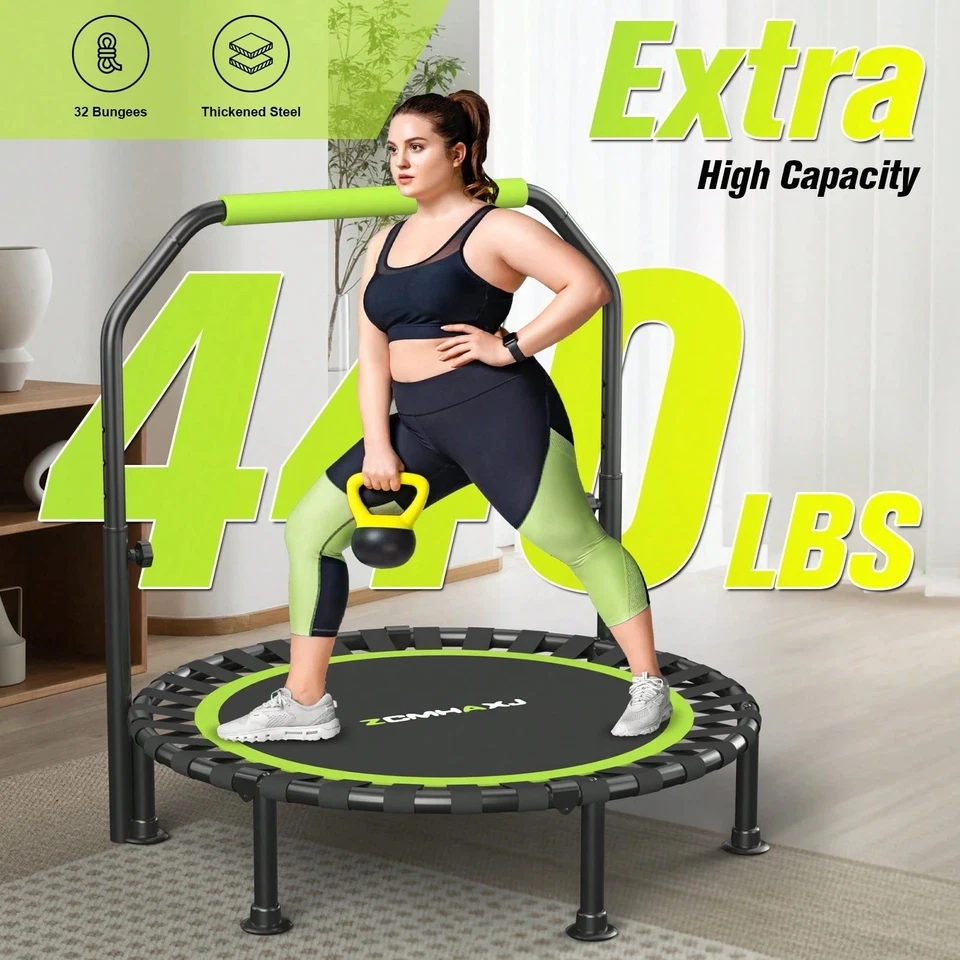 40" Foldable Mini Trampoline Rebounder w/ Adjustable Bar 450lbs Indoor Fitness - Image 2 of 4